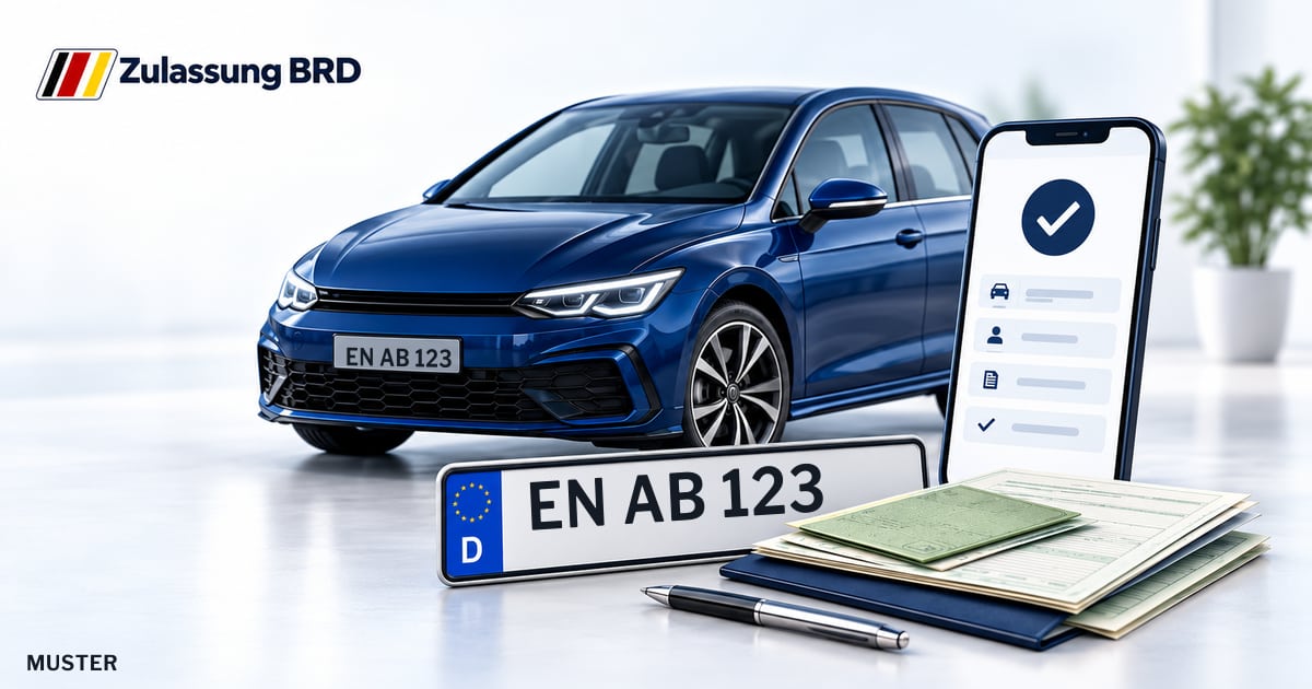 Online Fahrzeugzulassung in Schwelm: Musterkennzeichen EN AB 123, Auto und Fahrzeugpapiere und Smartphone. Illustration mit Logo von Zulassung BRD.